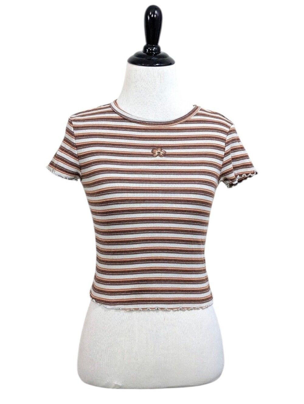 Ultra Flirt Brown Striped Ribbed Knit Babydoll Cropped Tee Size Small Womens
